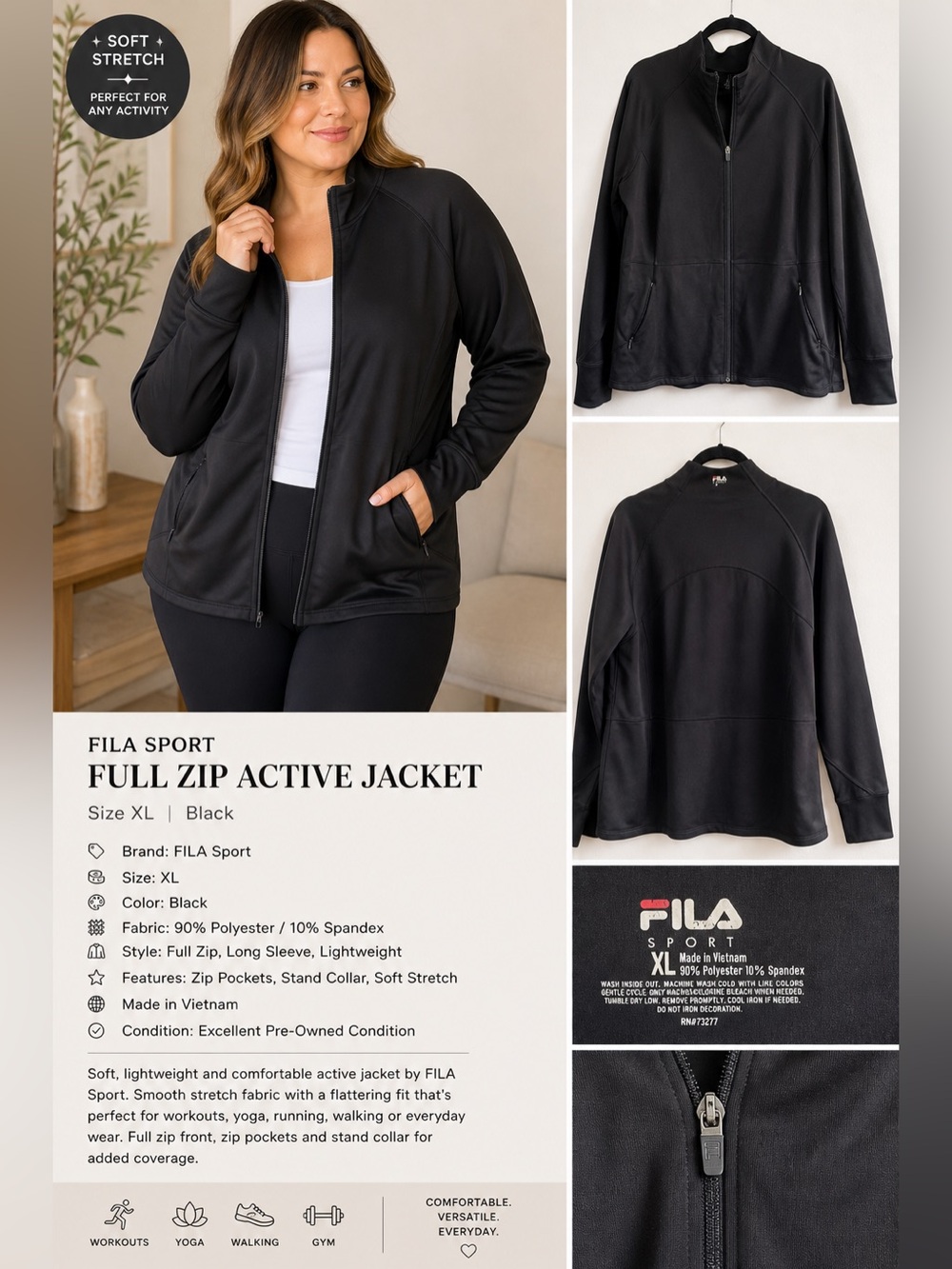 FILA Sport Black Full Zip Active Jacket XL | Stretch Zip-Up Athletic Jacket